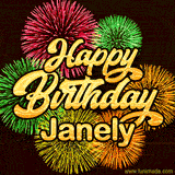 Golden text reading 'Happy Birthday Janely' surrounded by vibrant fireworks in red, green, and yellow, set against a dark background in this celebratory birthday GIF.