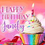 A vibrant birthday GIF featuring a rainbow-colored cupcake topped with white frosting, sprinkles, and a lit candle. The text reads 'Happy Birthday Janely' in bold pink and violet letters with white outline.