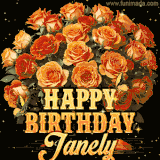 Animated bouquet of orange roses with moving butterfles and golden 'Happy Birthday Janely' text, surrounded by sparkling accents and a dark backdrop for a luxurious feel.