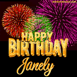 A golden 'Happy Birthday Janely' message with vibrant fireworks in the background, creating a festive and celebratory vibe in this animated name GIF.