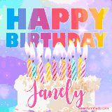 A vibrant animated name GIF with the words 'Happy Birthday Janely' with colorful candles on a creamy cake. The background sparkles with pastel shades, adding a festive touch.
