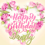 A stunning heart made of pink roses surrounds the elegant script text 'Happy Birthday Janely' on a soft beige background. Animated sparkles add a magical and festive feel.
