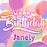 A vibrant name GIF featuring colorful balloons in shades of pink, orange, and yellow with the bold text 'Happy Birthday Janely' in festive fonts, creating a lively birthday vibe.