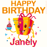 A vibrant and funny gift box character with a happy face dancing with a cupcake and the text 'Happy Birthday Janely,' surrounded by animated confetti and party vibes.