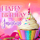 A vibrant birthday GIF featuring a rainbow-colored cupcake topped with white frosting, sprinkles, and a lit candle. The text reads 'Happy Birthday Janene' in bold pink and violet letters with white outline.