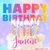 A vibrant animated name GIF with the words 'Happy Birthday Janene' with colorful candles on a creamy cake. The background sparkles with pastel shades, adding a festive touch.