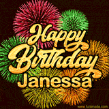 Golden text reading 'Happy Birthday Janessa' surrounded by vibrant fireworks in red, green, and yellow, set against a dark background in this celebratory birthday GIF.