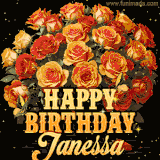 Animated bouquet of orange roses with moving butterfles and golden 'Happy Birthday Janessa' text, surrounded by sparkling accents and a dark backdrop for a luxurious feel.