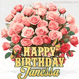 Golden 'Happy Birthday Janessa' text beneath a vibrant bouquet of orange roses, complete with glittering butterflies and sparkling details.