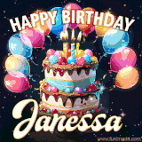 Bright birthday animation for Janessa with a chocolate cake, candles, balloons, and glowing celebratory lights.
