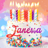 A cheerful white birthday cake with multicolor sprinkles, lit candles, and 'Janessa' written in vibrant letters, in an animated GIF.