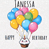 An adorable and cute cupcake with a smiley face and moving colorful balloons create a joyful birthday greeting for Janessa in this cheerful animated greeting E-card.