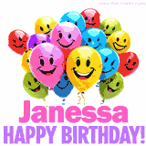 Animated colorful and joyful birthday balloons with cheerful smiles and a bright 'Happy Birthday Janessa!' message in pink and purple.