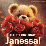 Cinematic style cute animated teddy bear with charming features holding a large bouquet of red roses, the words say 'Happy Birthday Janessa' in sans serif font.