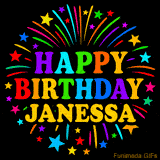 Personalized greeting card with name, colorful text that says 'Happy Birthday Janessa' surrounded by animated fireworks and multicolor stars