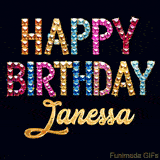 Vibrant luxury birthday greeting card for Janessa, showing glittering gemstone letters and golden calligraphy on a dark background with twinkling shine effects.