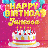 Pink-themed animated greeting with balloons, confetti, and a frosted cake under the message 'Happy Birthday Janessa' in bold rounded yellow font.
