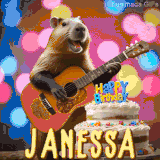 Animated birthday GIF showing a capybara playing guitar and singing beside a birthday cake with the name Janessa in large letters and colorful bokeh lights in the background.