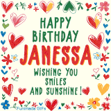 A colorful animated card for Janessa’s birthday featuring playful hearts, cheerful flowers, and a handwritten message wishing smiles and sunshine.