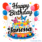 An animated birthday card for Janessa. It features a festive cake with her name, 'Janessa', and colorful butterflies. Floating balloons and hearts complete the joyful scene.