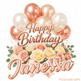 Rose gold balloons and beautiful flowers wishing Happy Birthday to Janessa