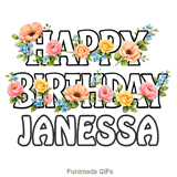 Beautiful outline typography wishing Happy Birthday to Janessa with animated flowers