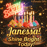 Festive chocolate cake GIF with the name Janessa! written on the dark glaze under flickering candles.