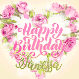 A stunning heart made of pink roses surrounds the elegant script text 'Happy Birthday Janessa' on a soft beige background. Animated sparkles add a magical and festive feel.