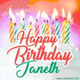 Bright birthday candles with rainbow flames on a cake, alongside the text 'Happy Birthday Janeth' in vibrant script in this celebratory animated GIF.