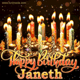 A glowing personalized birthday GIF with name Janeth featuring lit candles with intricate designs, warm lighting, and the text 'Happy Birthday' in an elegant font.
