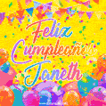 A bright and festive GIF with the text 'Feliz Cumpleaños Janeth' in Spanish in colorful fonts, surrounded by confetti, balloons, and festive banners on a vibrant yellow background.