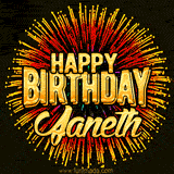 Golden 'Happy Birthday Janeth' text accompanied by animated rainbow fireworks for a festive animated greeting.