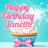 A festive cupcake with pink icing, a gingham bow, and a lit animated sparkler, paired with 'Happy Birthday Janeth!' in bright pink text.