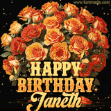 Animated bouquet of orange roses with moving butterfles and golden 'Happy Birthday Janeth' text, surrounded by sparkling accents and a dark backdrop for a luxurious feel.