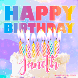 A vibrant animated name GIF with the words 'Happy Birthday Janeth' with colorful candles on a creamy cake. The background sparkles with pastel shades, adding a festive touch.