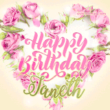 A stunning heart made of pink roses surrounds the elegant script text 'Happy Birthday Janeth' on a soft beige background. Animated sparkles add a magical and festive feel.