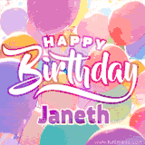A vibrant name GIF featuring colorful balloons in shades of pink, orange, and yellow with the bold text 'Happy Birthday Janeth' in festive fonts, creating a lively birthday vibe.