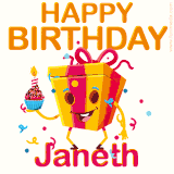 A vibrant and funny gift box character with a happy face dancing with a cupcake and the text 'Happy Birthday Janeth,' surrounded by animated confetti and party vibes.