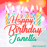 Bright birthday candles with rainbow flames on a cake, alongside the text 'Happy Birthday Janetta' in vibrant script in this celebratory animated GIF.