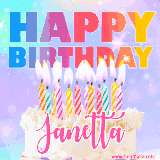 A vibrant animated name GIF with the words 'Happy Birthday Janetta' with colorful candles on a creamy cake. The background sparkles with pastel shades, adding a festive touch.