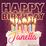 A colorful birthday cake topped with lit candles, with the words 'Happy Birthday Janetta' in bold glowing letters on a burgundy background. Animated flames add a festive touch.