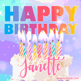 A vibrant animated name GIF with the words 'Happy Birthday Janette' with colorful candles on a creamy cake. The background sparkles with pastel shades, adding a festive touch.