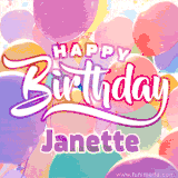 A vibrant name GIF featuring colorful balloons in shades of pink, orange, and yellow with the bold text 'Happy Birthday Janette' in festive fonts, creating a lively birthday vibe.