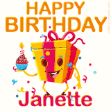 A vibrant and funny gift box character with a happy face dancing with a cupcake and the text 'Happy Birthday Janette,' surrounded by animated confetti and party vibes.