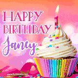 A vibrant birthday GIF featuring a rainbow-colored cupcake topped with white frosting, sprinkles, and a lit candle. The text reads 'Happy Birthday Janey' in bold pink and violet letters with white outline.