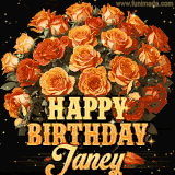 Animated bouquet of orange roses with moving butterfles and golden 'Happy Birthday Janey' text, surrounded by sparkling accents and a dark backdrop for a luxurious feel.
