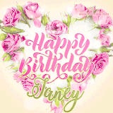 A stunning heart made of pink roses surrounds the elegant script text 'Happy Birthday Janey' on a soft beige background. Animated sparkles add a magical and festive feel.