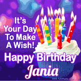 A colorful birthday GIF for Jania featuring a cupcake with vibrant lit candles and the text 'It's Your Day to Make a Wish! Happy Birthday Jania' in bold letters on a festive purple background.