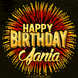 Golden 'Happy Birthday Jania' text accompanied by animated rainbow fireworks for a festive animated greeting.