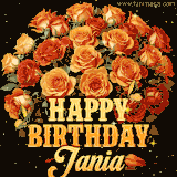 Animated bouquet of orange roses with moving butterfles and golden 'Happy Birthday Jania' text, surrounded by sparkling accents and a dark backdrop for a luxurious feel.
